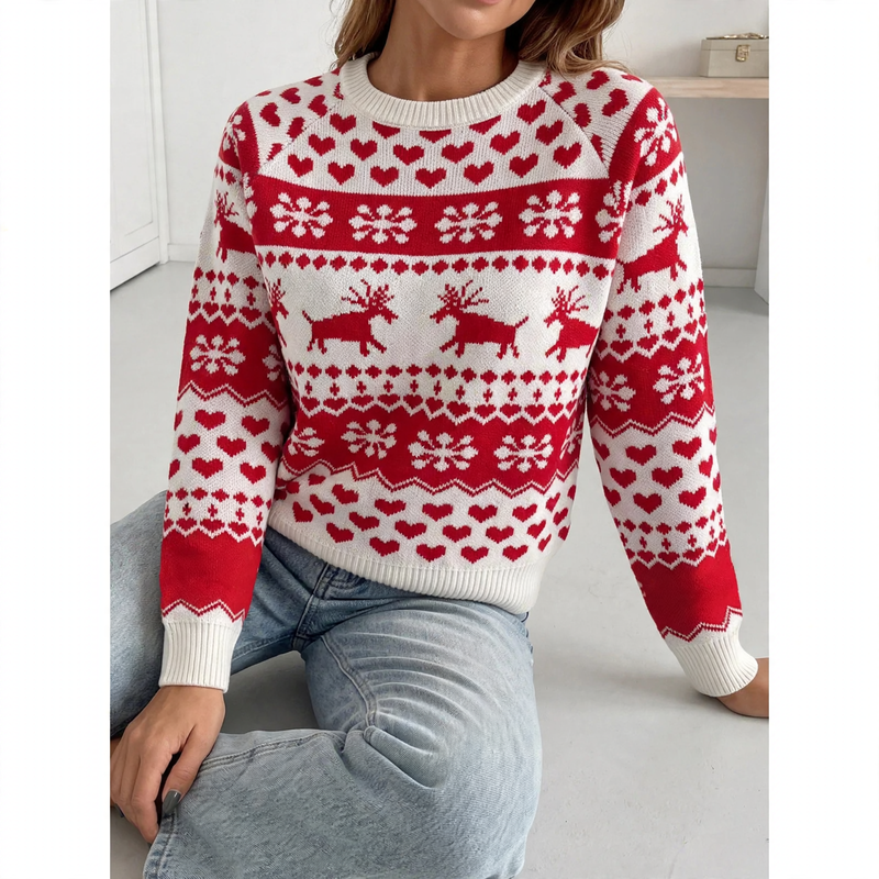Fair-Isle Knit Sweater with Reindeer Motif