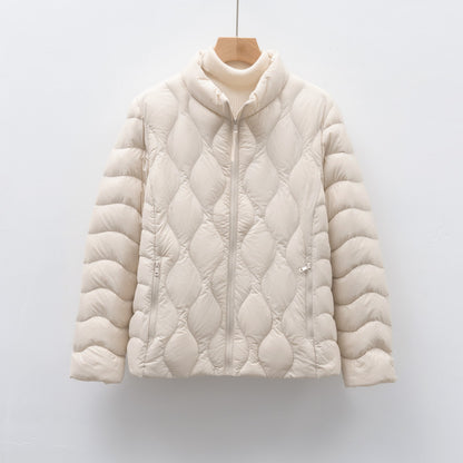 Light women's down jacket with stand-up collar and wave pattern