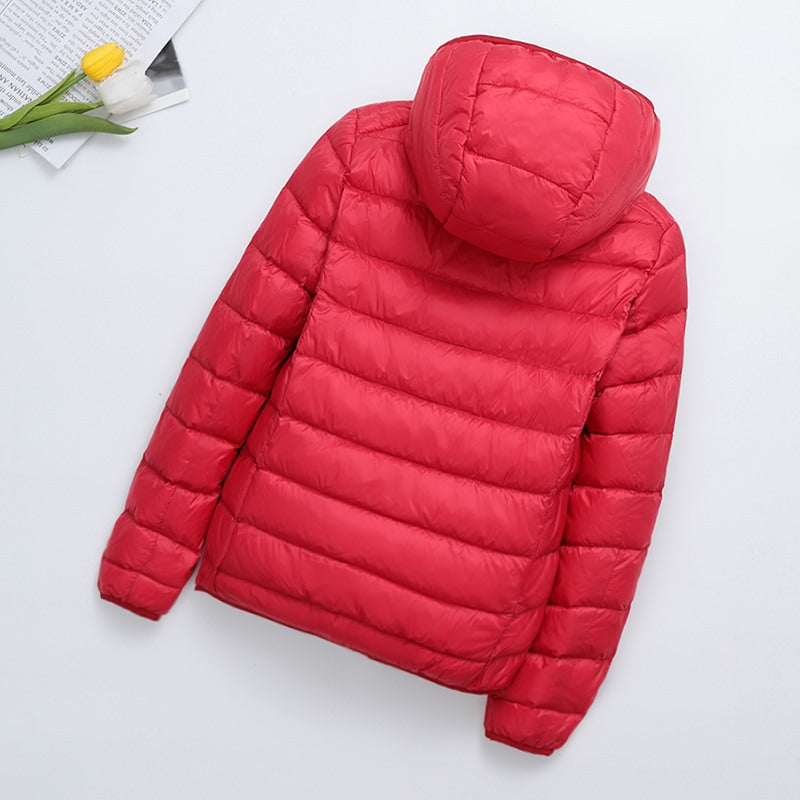 Light women's padded jacket, short, with hood