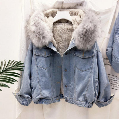 Short denim jacket for women with warm interior lining