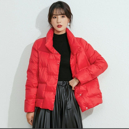 Light women's down jacket, short, stand-up collar