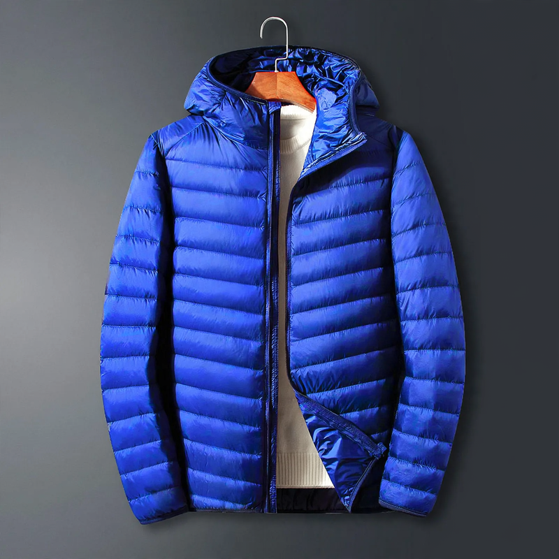 Lightweight men's down jacket with hood, white duck down lining