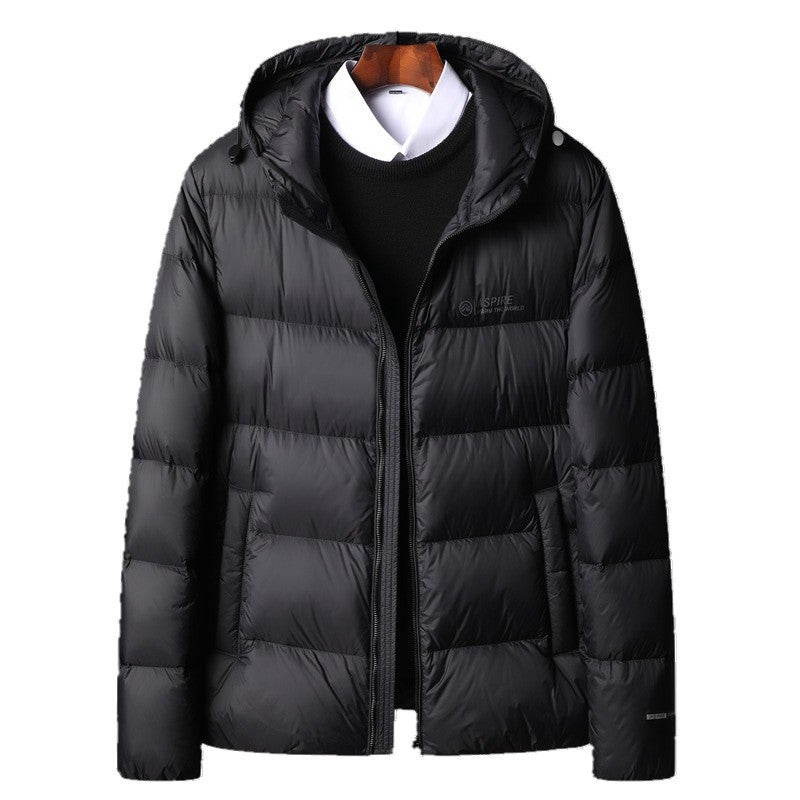 Warm men's down jacket with hood