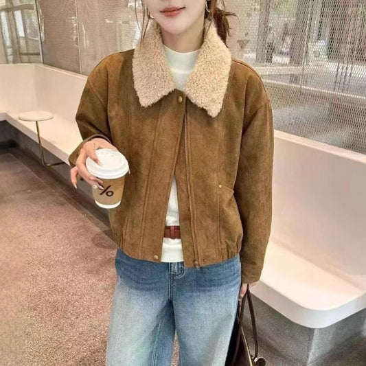 Women’s winter jacket, suede look, lambskin lining