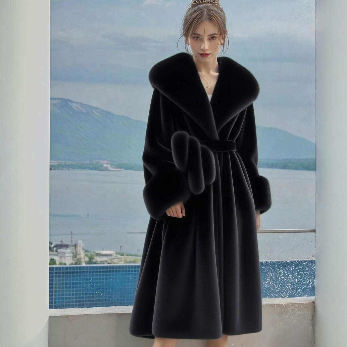 Long women's coat with faux fur collar