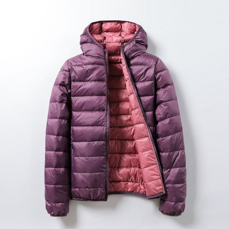 Reversible women's down jacket with hood, lightweight and short