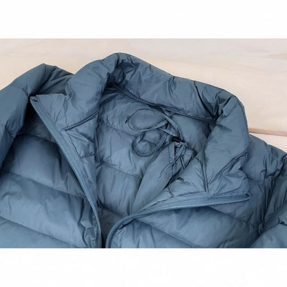 Short, lightweight down jacket with stand-up collar, 90% white duck down