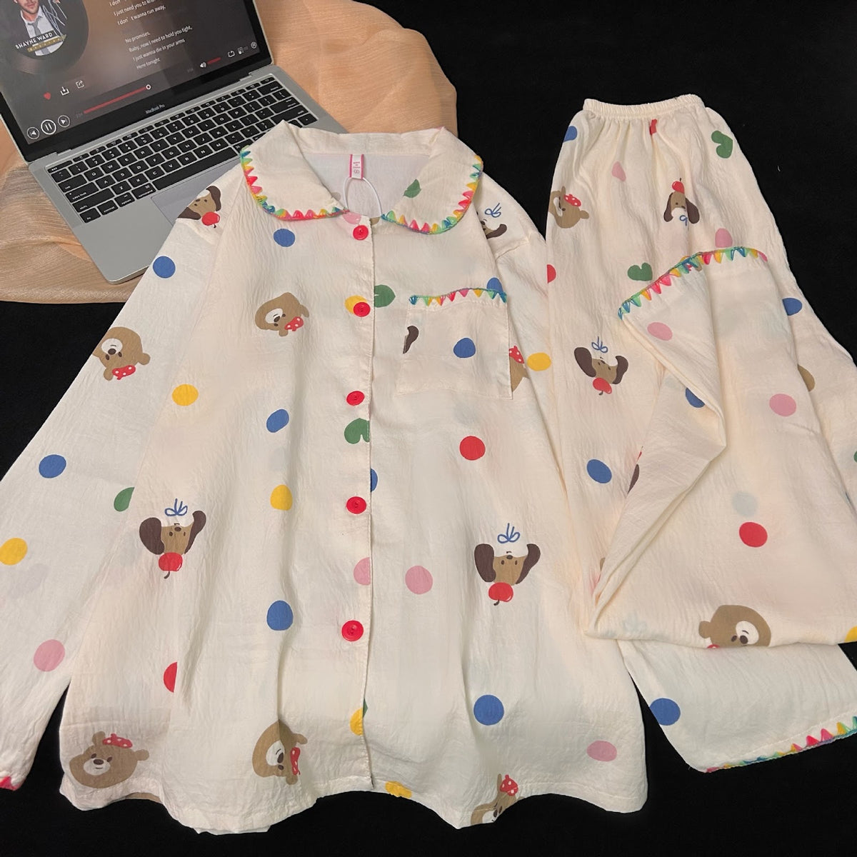 Women's Pajama Set, Cotton, Striped, Cartoon Design