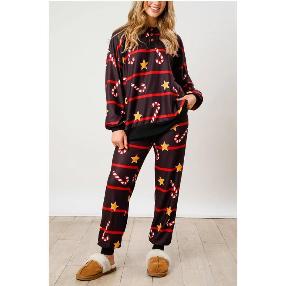 Women’s house suit, long-sleeved, with button placket and print