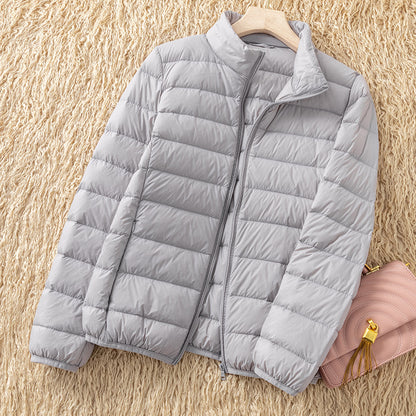 Light women's down jacket with stand-up collar