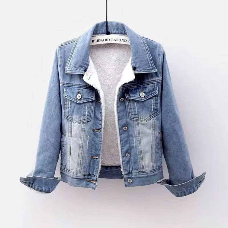 Padded denim jacket for women, short, with faux fur collar