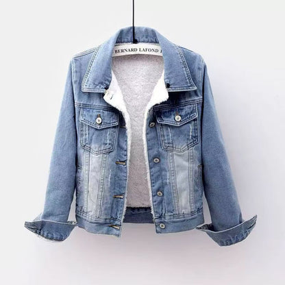 Padded denim jacket for women, short, with faux fur collar