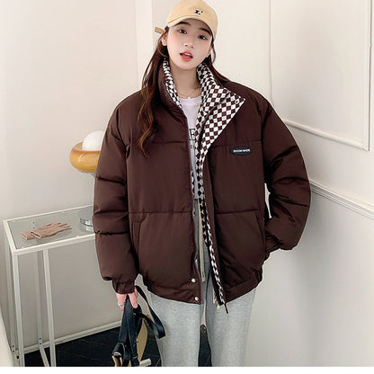 Loose, padded winter jacket with stand-up collar