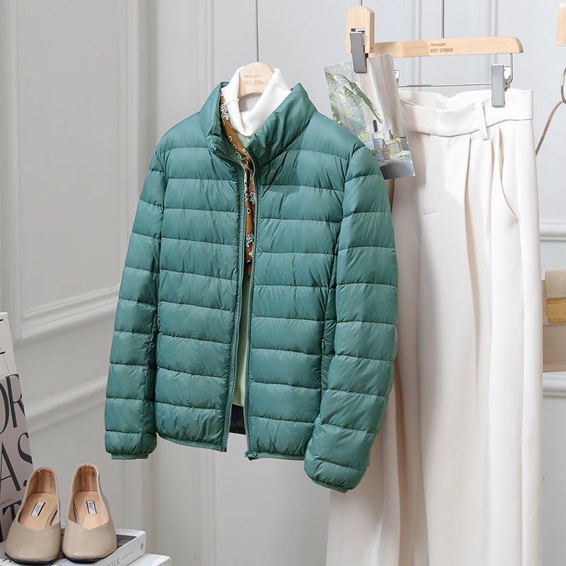 Light women's down jacket, standing collar, 90% duck down