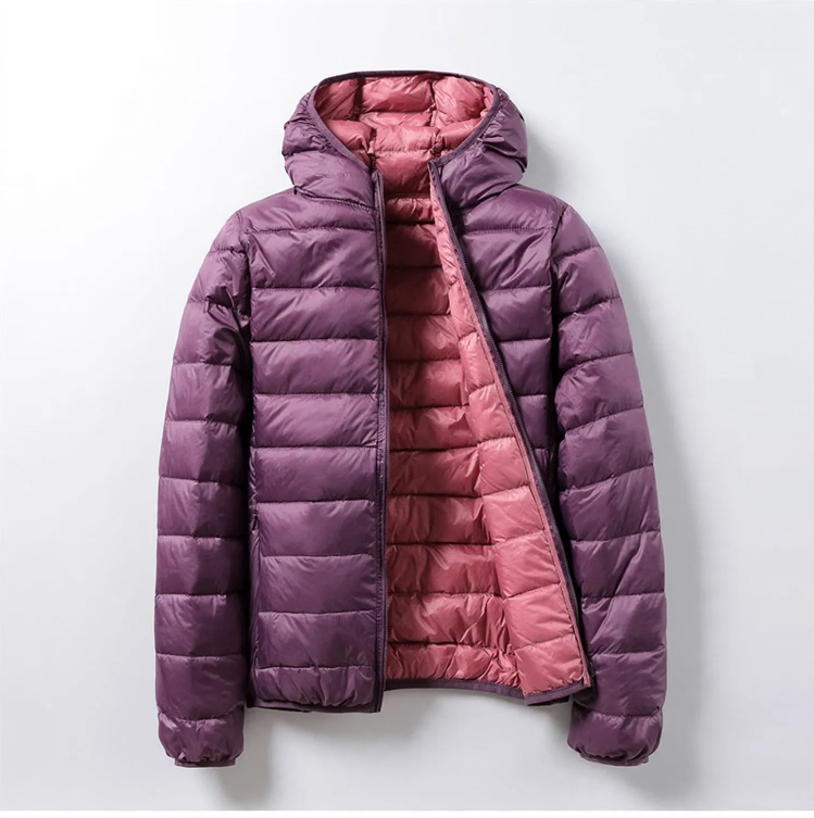 Reversible women's down jacket with hood, lightweight and short