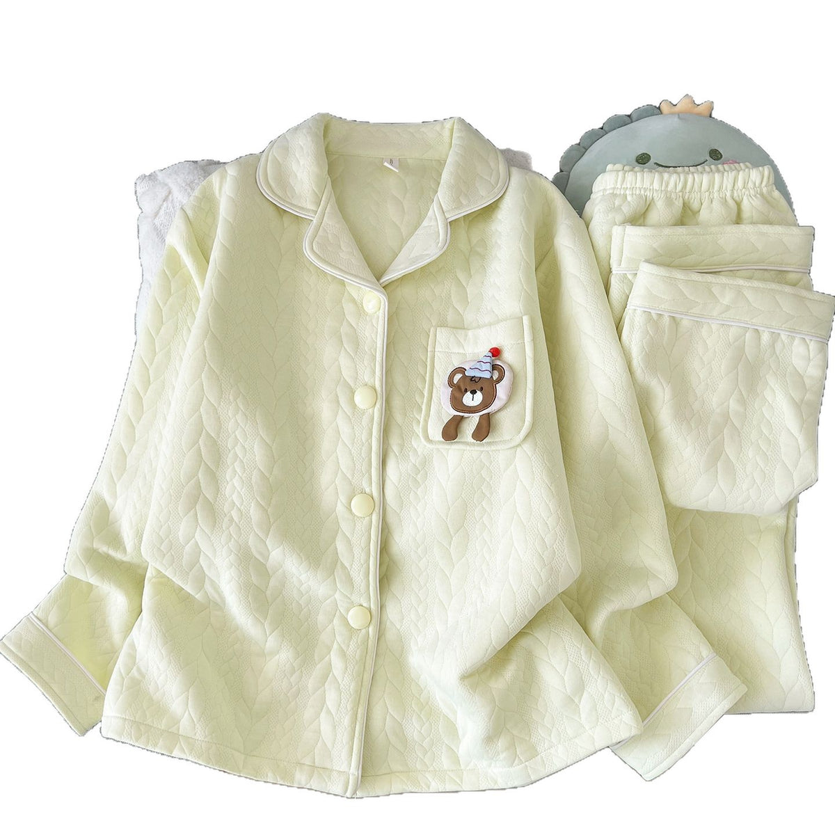 Women's Pajama Set with Air Layer Insulation and Cartoon Print