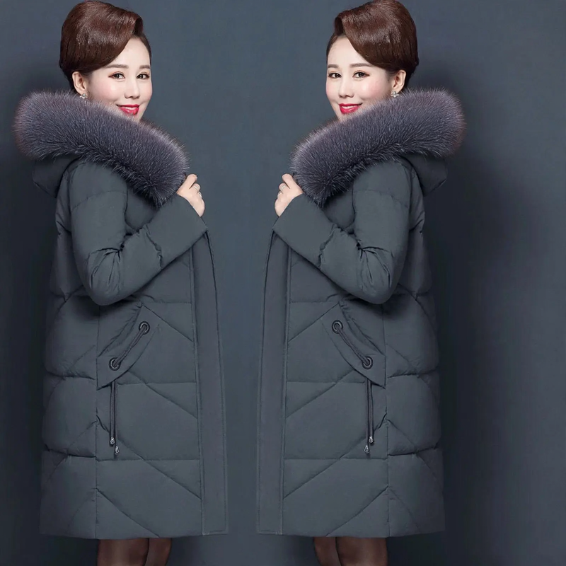 Women's quilted coat, mid-length, with faux fur collar