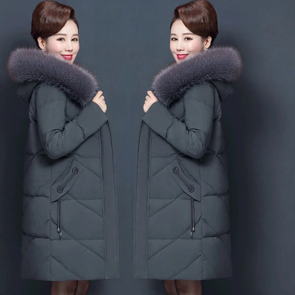 Women's quilted coat, mid-length, with faux fur collar