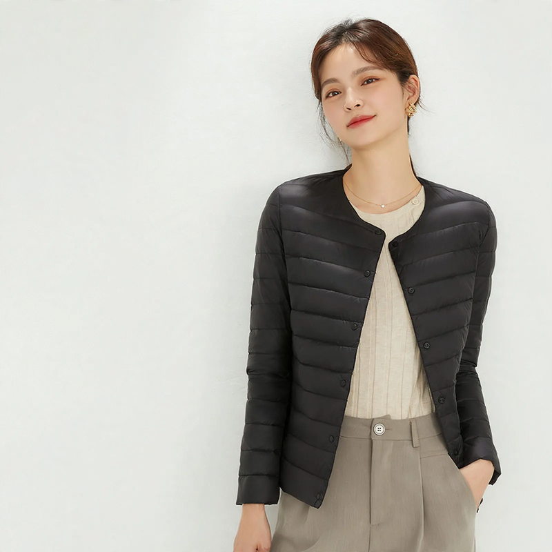 Light women's down jacket, round neck