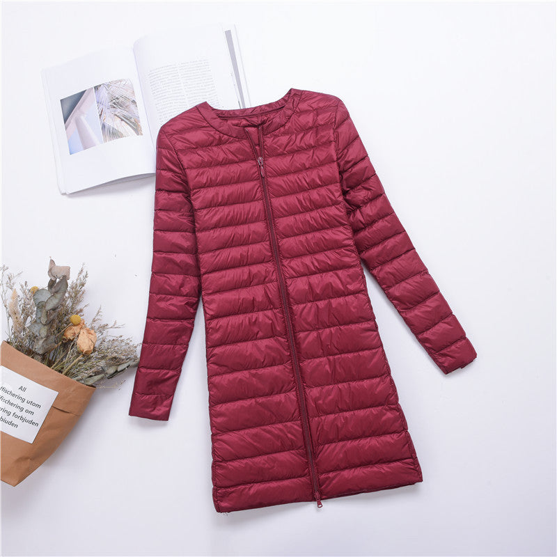 Light women's down jacket, mid-length, with button placket