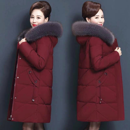 Women's quilted coat, mid-length, with faux fur collar