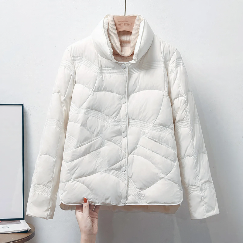 Short women's down jacket with standing collar