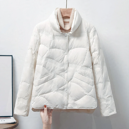Short women's down jacket with standing collar