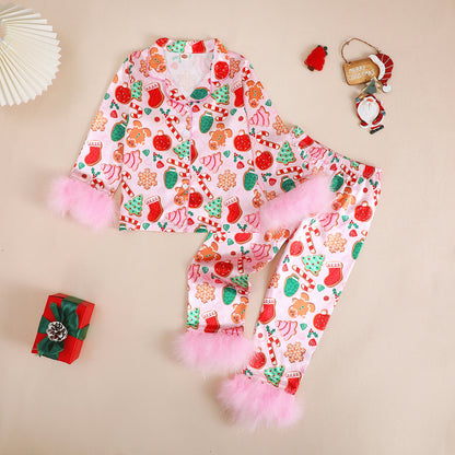 Girl's Pajama Set with Bow and Christmas Print