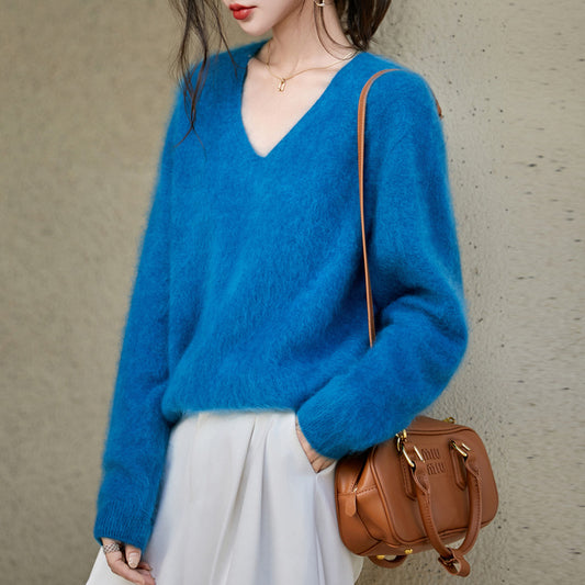 Women V-neck Pullover, soft, brushed, knit