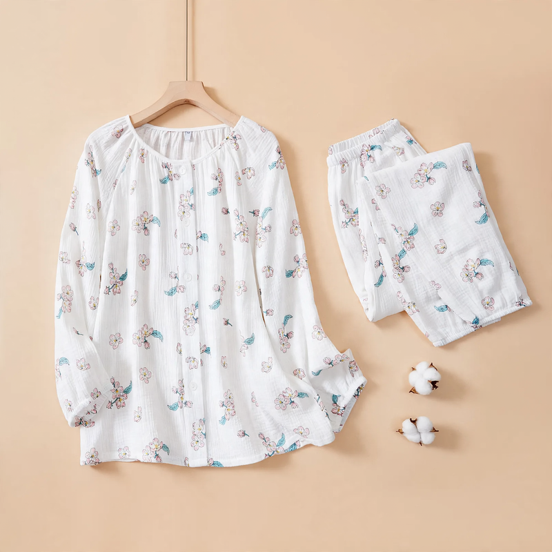 Women's pajama set made of cotton muslin, long-sleeved, breathable