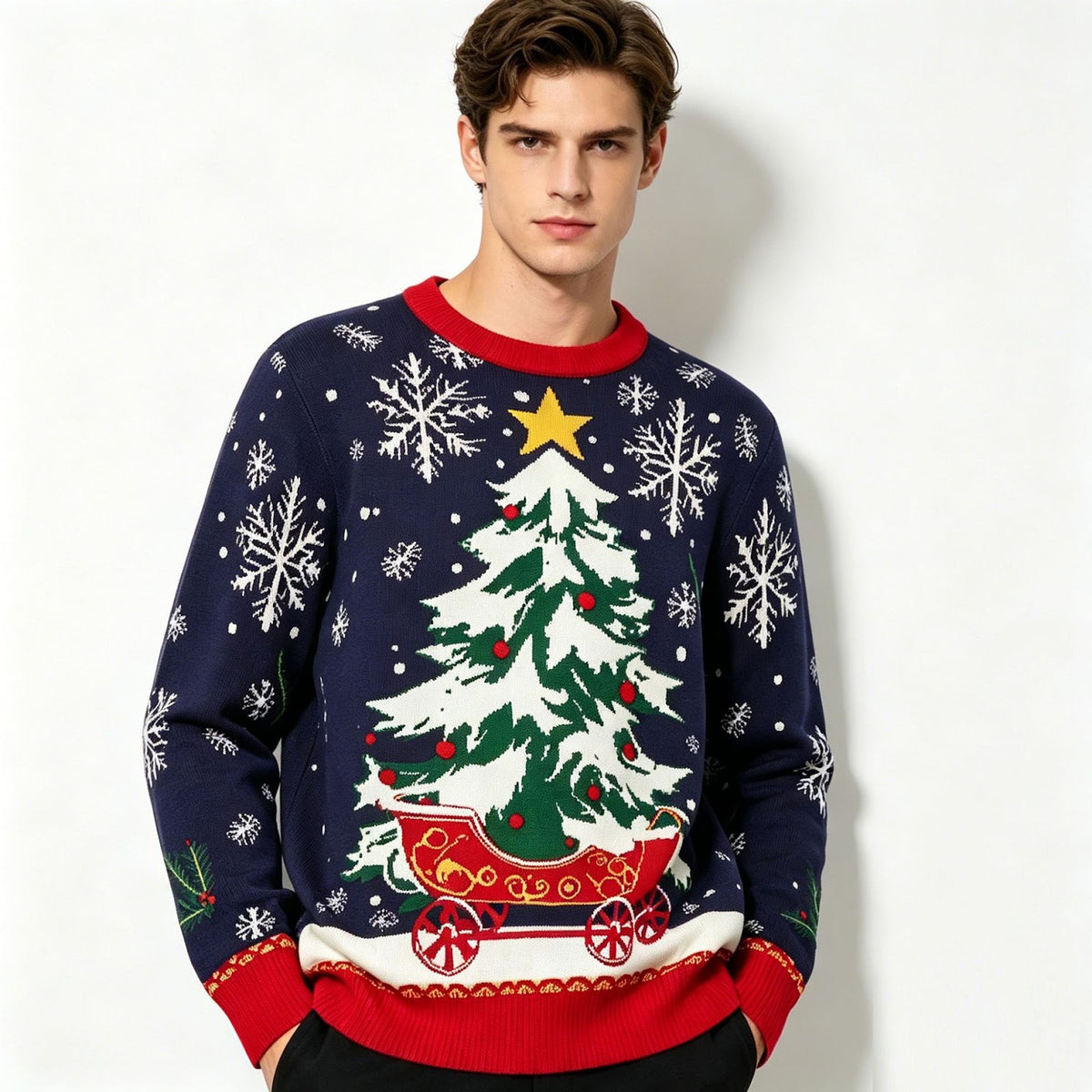 Christmas knit sweater with tree jacquard