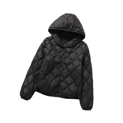 Light women's down jacket, short, with hood