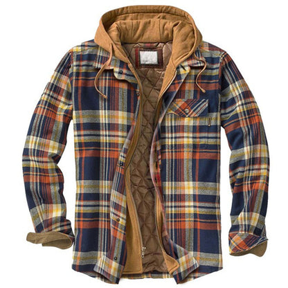 Men's shirt jacket, padded, checkered, with hood