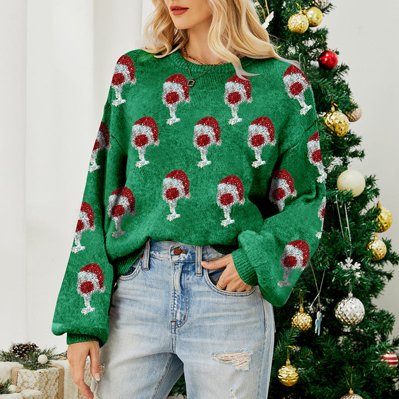 Christmas sweater with jacquard pattern and puff sleeves