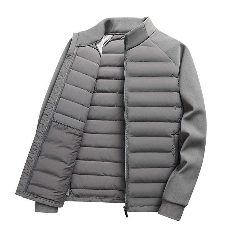 Men's down jacket with knit details and stand-up collar