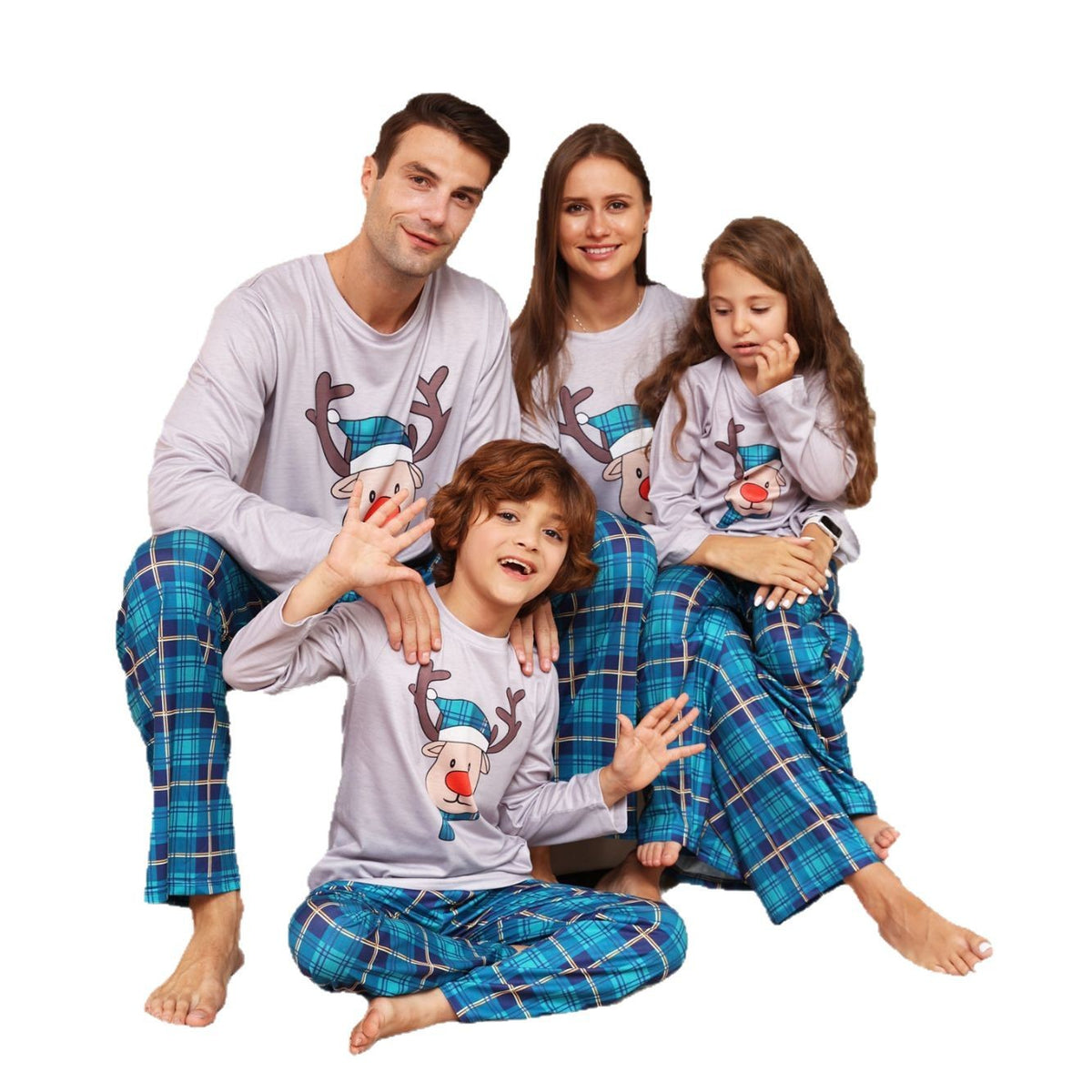 Christmas Pajama Set for Families, checked with reindeer motif