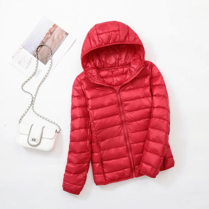 Light women's down jacket with hood, slim fit