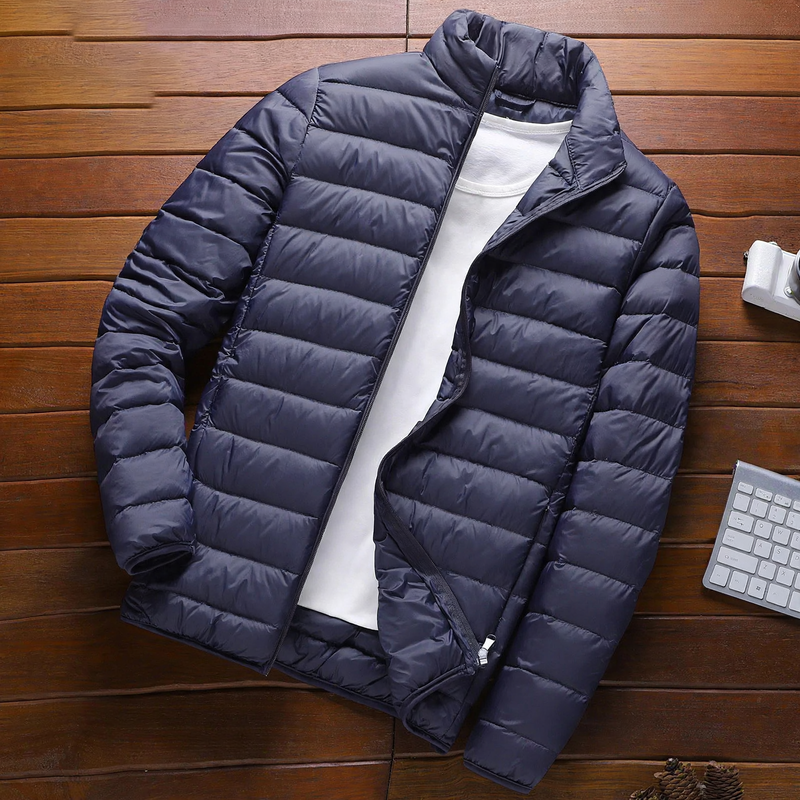 Light men's quilted jacket with stand-up collar