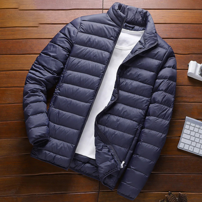 Light men's quilted jacket with stand-up collar