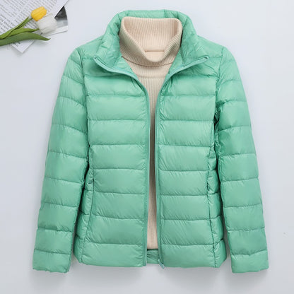 Light women's padded jacket, short, with hood