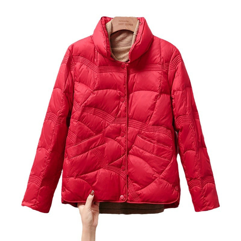 Short women's down jacket with standing collar