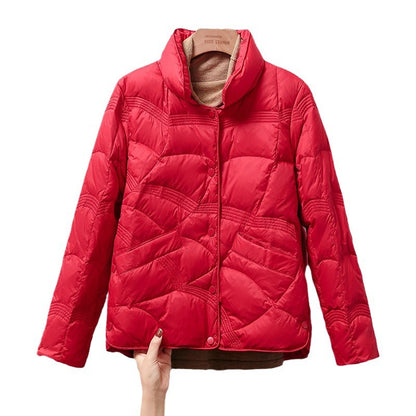Short women's down jacket with standing collar