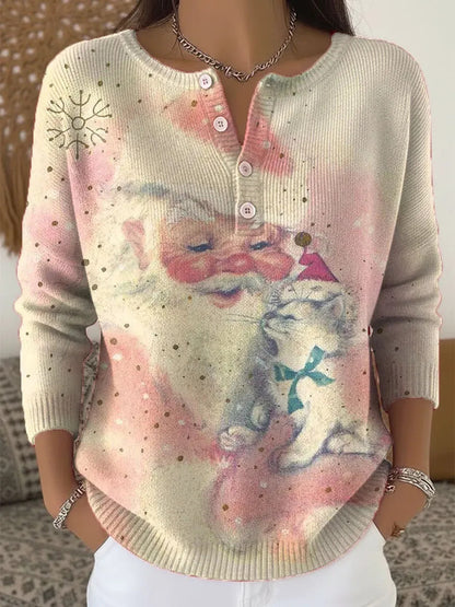 Christmas knitted pullover with stand-up collar and 3D print