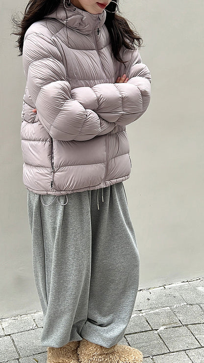 Light women's down jacket with hood, white duck down