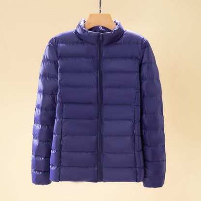 Short women's down jacket with stand-up collar