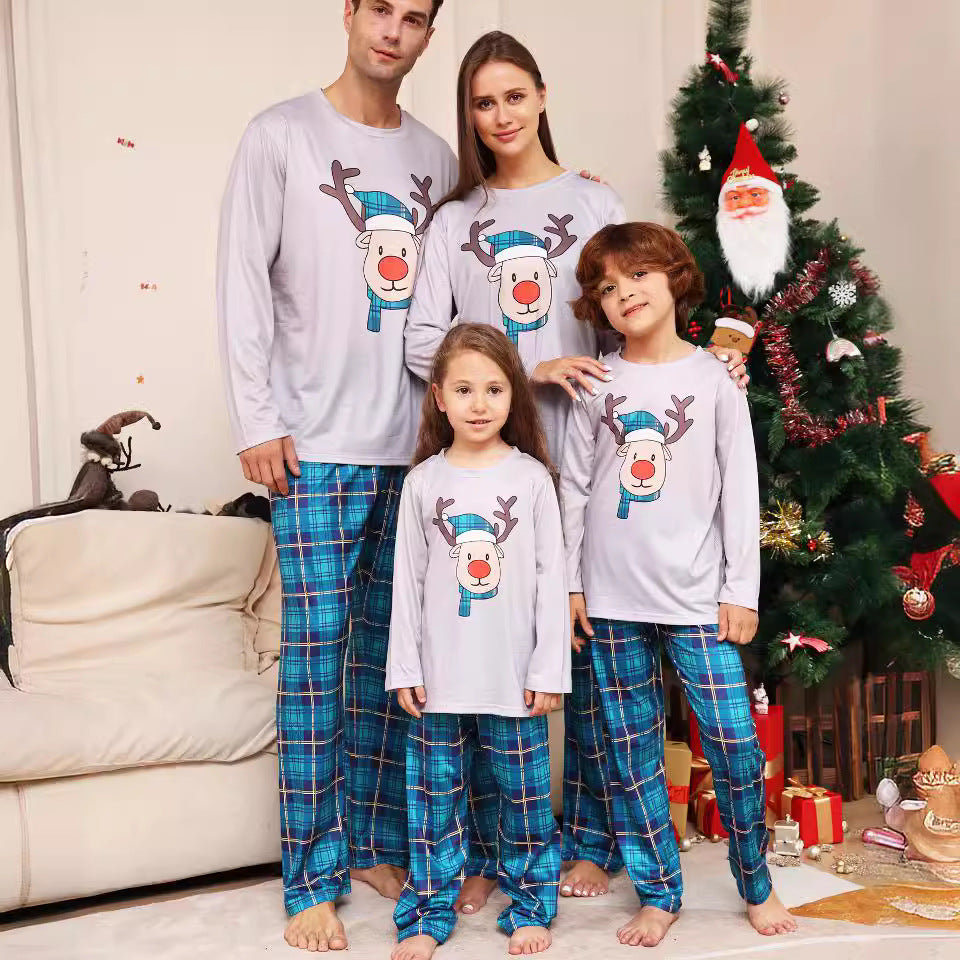 Christmas Pajama Set for Families, checked with reindeer motif