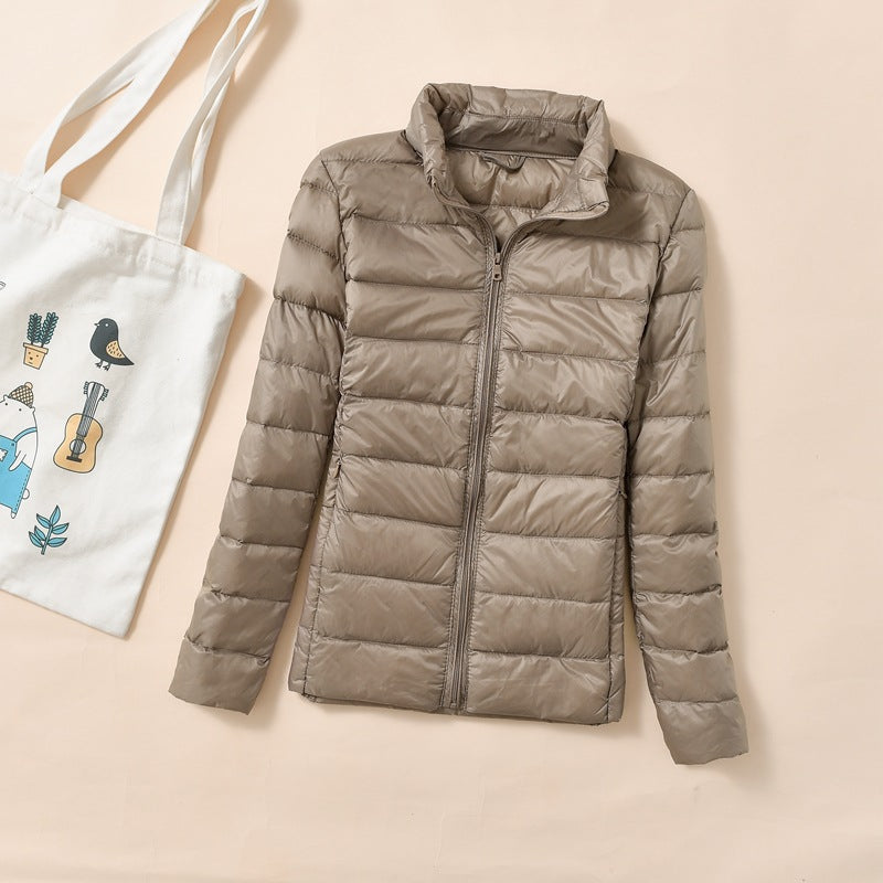 Women's down jacket, short, stand-up collar, fitted, with duck down