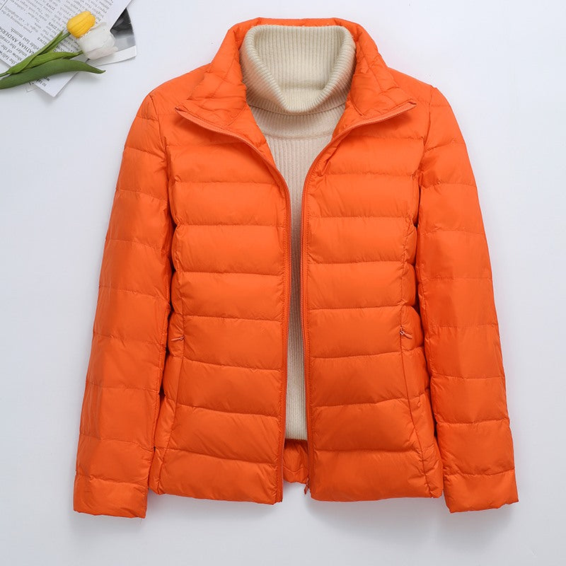 Light women's padded jacket, short, with hood