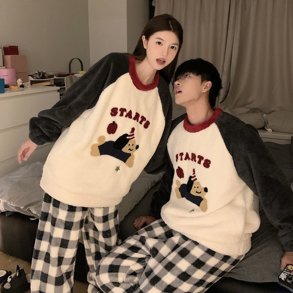 Pair Pajamas, Winter, Coral Fleece, Lined, Cartoon