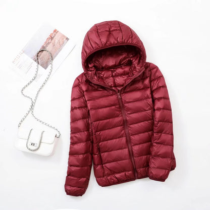 Light women's down jacket with stand-up collar